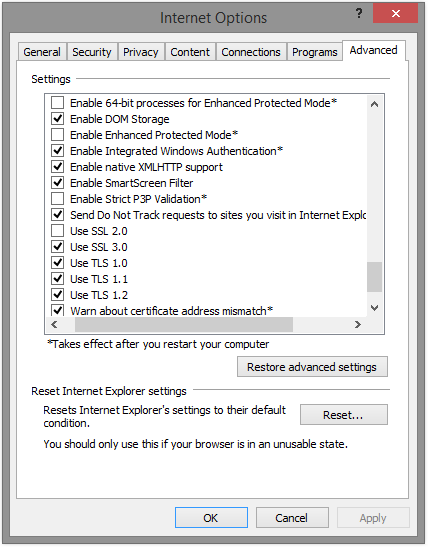 IE 10 settings panel