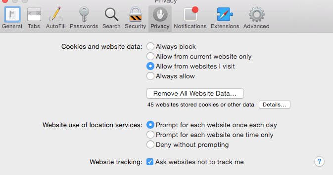 Safari settings panel